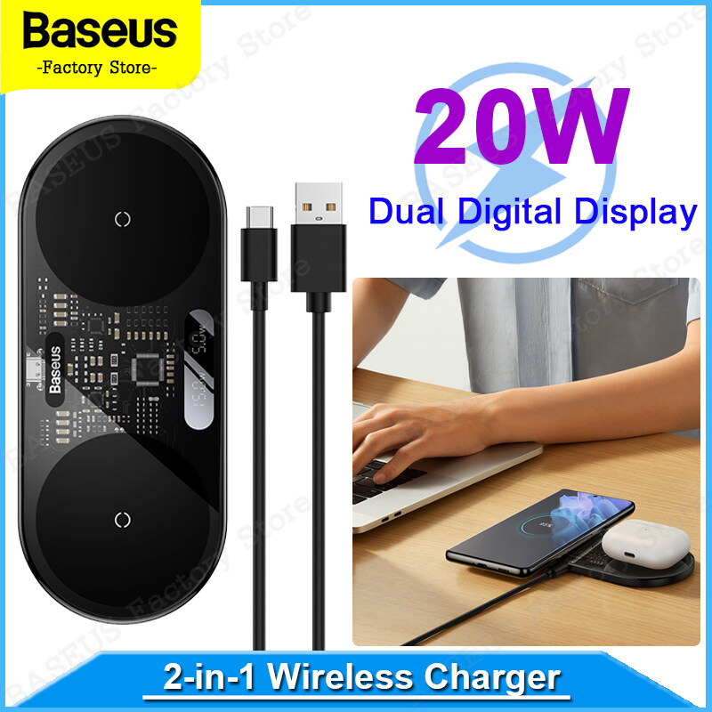 Baseus 20W Wireless Charger 2-in-1 Dual Digital LED Display Auto Power Split Qi Wireless Charging for iP 12 13 14 Pro Max Huawei Xiaomi