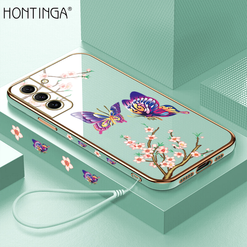 Hontinga Casing Case For Samsung Galaxy S21 FE S21FE 5G Case Fashion Colorful Butterfly Luxury Chrome Plated Soft TPU Square Phone Case Full Cover Camera Protection Anti Gores Rubber Cases For Girls