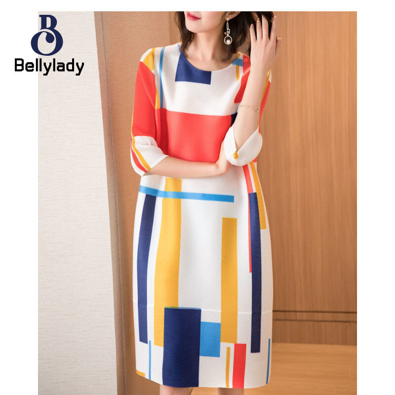 BellyLady Women Summer Fashion Printing Dress Large Size Loose Half Sleeves Round Neck Midi Skirt