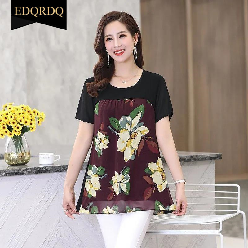 EDQRDQ Womens Lightweight Double-Layered Printed Chiffon Short Sleeve Mesh Blouse Loose Flowy Tops with Elasticity