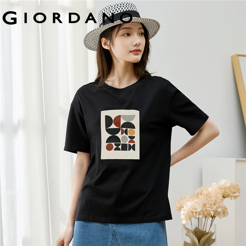 GIORDANO HuaXianSheng Series Women T-Shirts Short Sleeves Summer Crewneck T-Shirts 100% Cotton Printed Basic T-Shirts 99391186