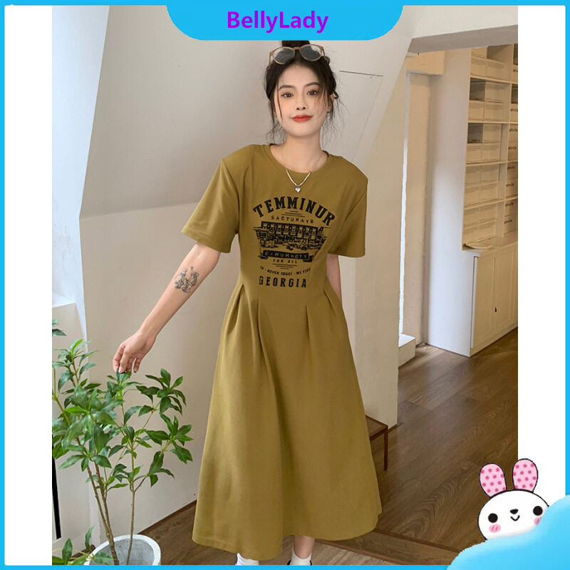 Women Sports Dress Retro Letter Print Round Neck Short Sleeve Waist Fit Summer Loose Long Skirt