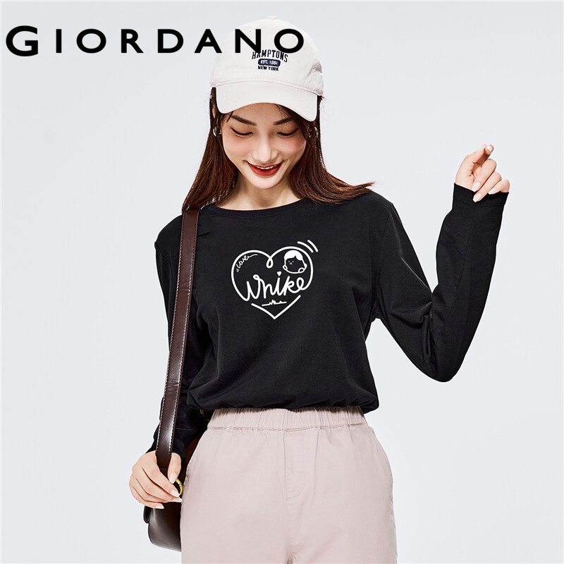 GIORDANO Women WHIKO Series T-Shirts Print Cartoon Pattern 100% Cotton Casaul Tee Long Sleeve Crewneck Simple T-Shirts 99392151
