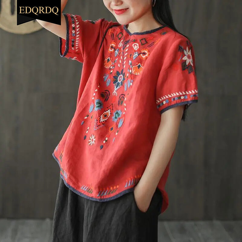 EDQRDQ Women's Embroidered Blouse Cotton Linen Short Sleeve Peasant Boho Mexican Tunic Top Casual T Shirt