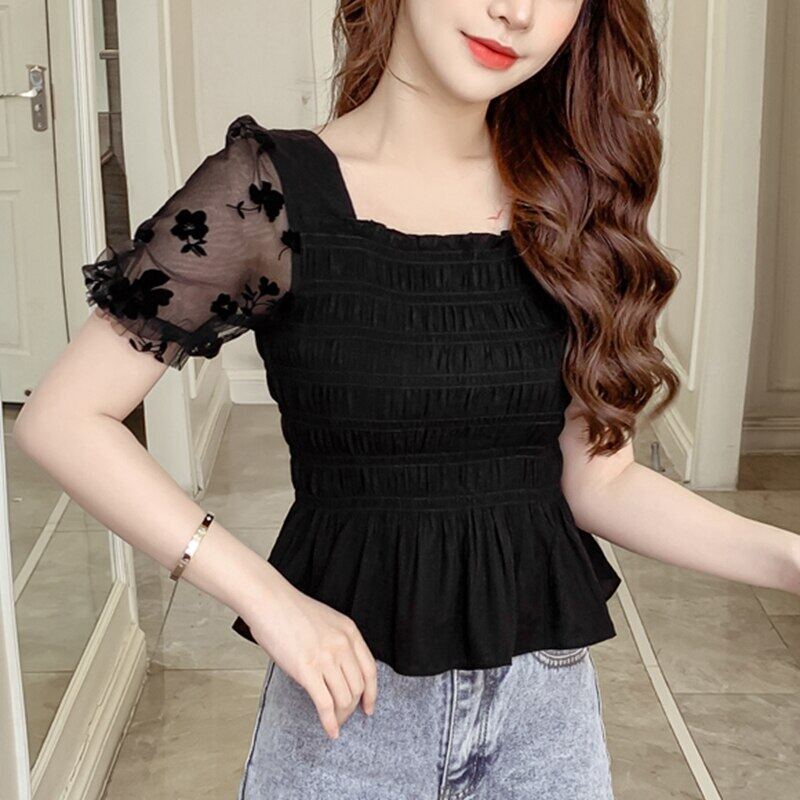 Blouse Korean Style Women NEW Summer Short Mesh Puff Sleeve Ladies Solid Color Elasticity Chiffon Blouses Square Neck Female Tops