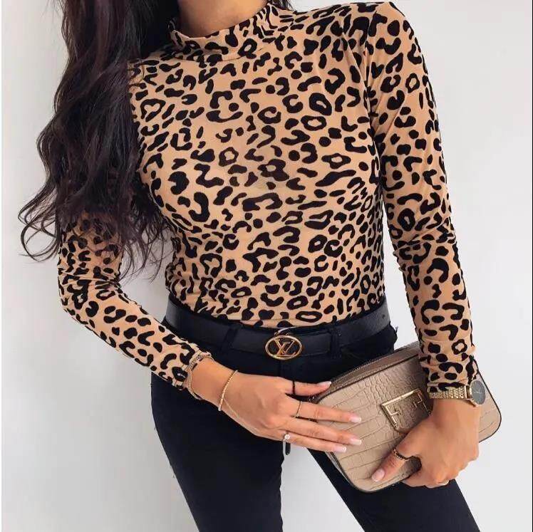EDQRDQ Women's Leopard Print Long Sleeve High Neck T-Shirt Basic Solid Slim  Cheetah Shirts Fitted Tee Top