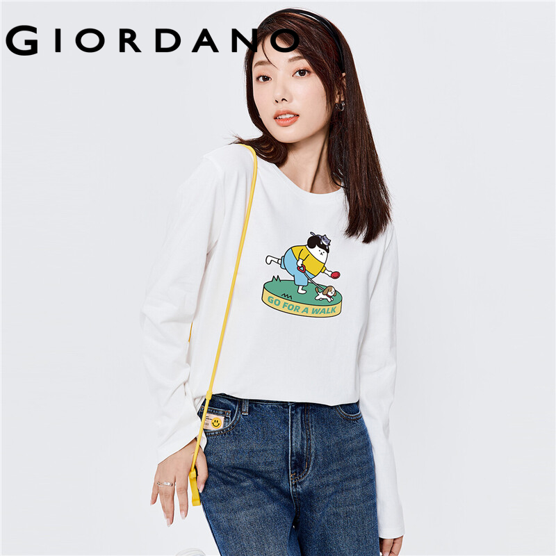 GIORDANO Women WHIKO Series T-Shirts Cute Print Long Sleeve Casual T-Shirts 100% Cotton Crewneck Simple Relaxed Tee 99392149