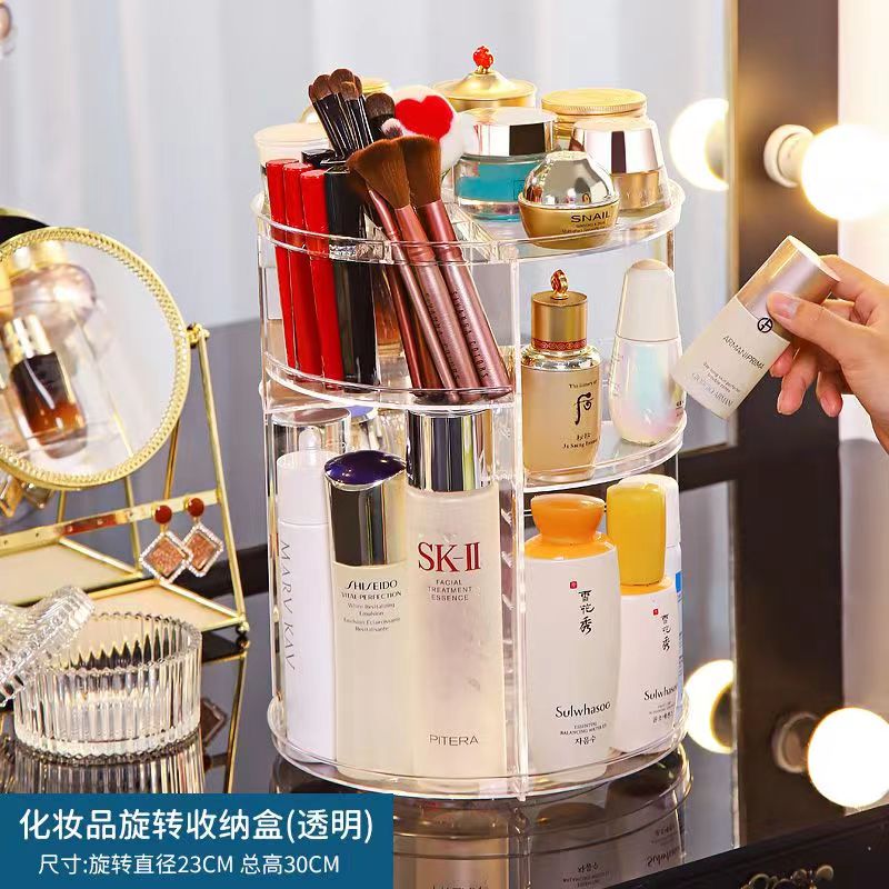 【Ready Stock& 2022 New】360° Rotating Make Up Jewelry Organiser Acrylic Beauty Cosmetic Brush Storage Height Adjustable with Jewelry Rack 360° Rotating Acrylic Makeup Organiser Clear Cosmetics Holder S